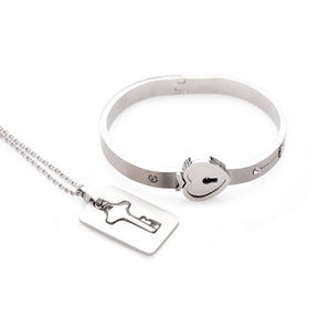 Cuffed Locking Bracelet and Key Necklace - Tungsten Steel