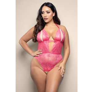 Q/S - Crotchless teddy with split pearl string cups, cut-out back and adjustable pearl g-string in shimmer lace
