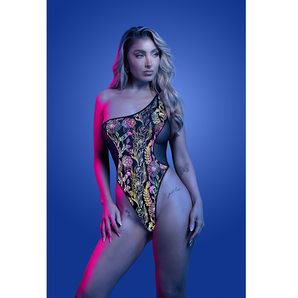 L/XL - LUMINESCENT Flash reflective floral print one-shoulder teddy (Black)