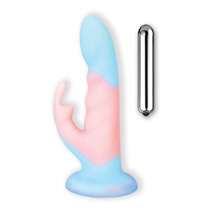 COTTON CANDY- Cotton Tail- Liquid Silicone Dildo with Rabbit Stimulator. 10-Speed Bullet. Gradient Color.