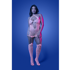 Q/S - METAMORPHIC Glow-in-the-dark bodystocking dress; glows pink (White)