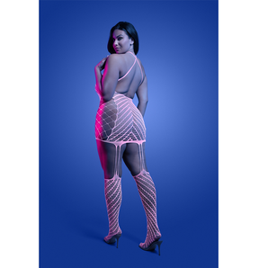 Q/S - METAMORPHIC Glow-in-the-dark bodystocking dress; glows pink (White)