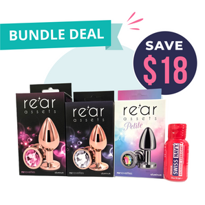 Rear Assets - Petite - Gunmetal/Rainbow + Rear Assets Rose Gold Small - Clear + Rear Assets Rose Gold Medium - Pink + Swiss Navy Premium Silicone 1oz