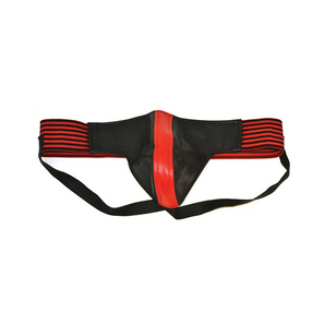 Leather Jock Strap With Stripe Black & Red Large
