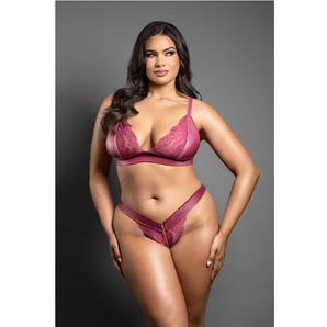 Q/S - Bralette and panty in leatherette and lace with zipper details (Berry)