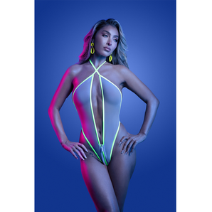 L/XL - SUPERNATURAL Glow-in-the-dark plunge zipper teddy with halter ties (White)
