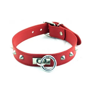 Leather Thin O-Ring Studded Collar with Detachable O-Ring Red