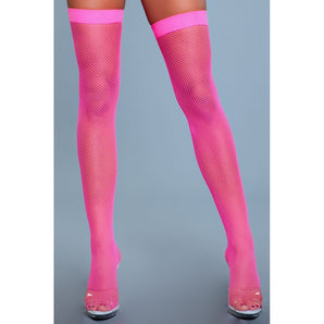 Nylon Fishnet Thigh Highs - Hot Pink