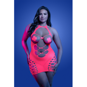 Q/S - APHRODISIAC UV reactive open bodice halter dress and one pair of pasties (Neon Pink)