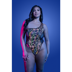 Q/S - LUMINESCENT Flash reflective floral print one-shoulder teddy (Black)