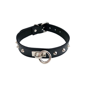 Leather Thin O-Ring Studded Collar with Detachable O-Ring Black