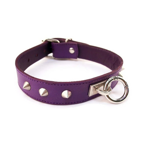 Leather Thin O-Ring Studded Collar with Detachable O-Ring Purple