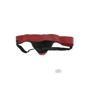 Leather Jock Strap With Stripe Black & Red Medium
