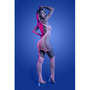 O/S - METAMORPHIC Glow-in-the-dark bodystocking dress; glows pink (White)