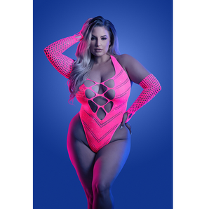 Q/S - FLASHBACK UV reactive rhinestone fishnet teddy & matching gloves (or leg warmers) (Neon Pink)