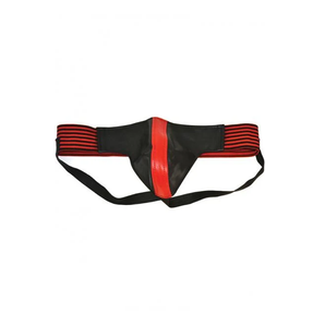 Leather Jock Strap With Stripe Black & Red Medium