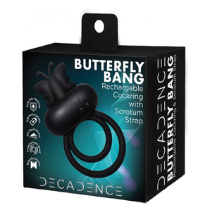 DECADENCE- BUTTERFLY BANG. Cock & Ball Strap with vibrating Stiimulation Antena Stimulator. Liquid Silicone. Multi-Speed. Rechargeable.