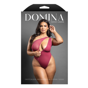 Q/S - Crotchless one-shoulder mesh teddy with asymmetrical front zipper detail (Berry)