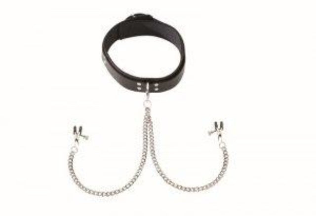 Black Leather Collar w Broad Tip Clamps